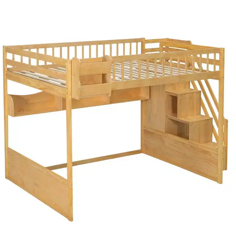 Whisen Queen Size Wooden Loft Bed Frame with Staircase and Wardrobe, Storage Shelves and Under-bed Space