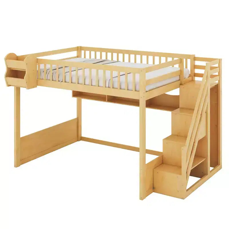 Whisen Queen Size Wooden Loft Bed Frame with Staircase and Wardrobe, Storage Shelves and Under-bed Space