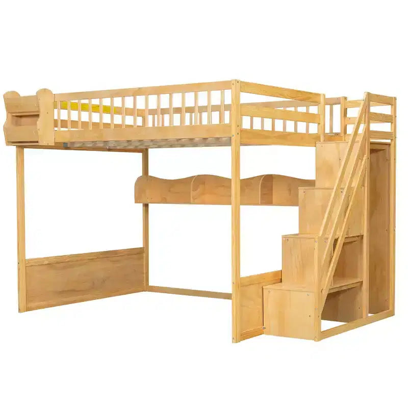 Whisen Queen Size Wooden Loft Bed Frame with Staircase and Wardrobe, Storage Shelves and Under-bed Space