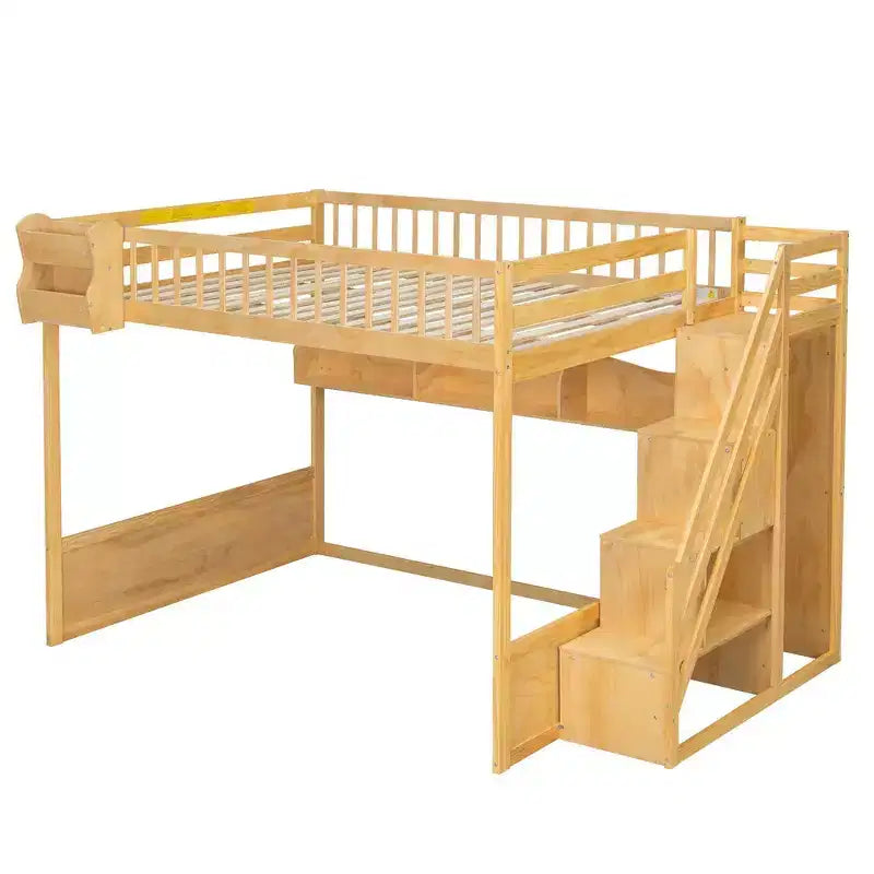 Whisen Queen Size Wooden Loft Bed Frame with Staircase and Wardrobe, Storage Shelves and Under-bed Space