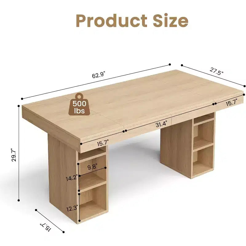 Acekool 71 Rectangular Dining Table with Double-Sided Storage Shelves, Large Capacity, Seats 6-8, for Kitchen or Office