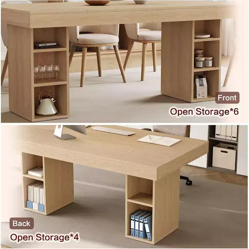 Acekool 71 Rectangular Dining Table with Double-Sided Storage Shelves, Large Capacity, Seats 6-8, for Kitchen or Office