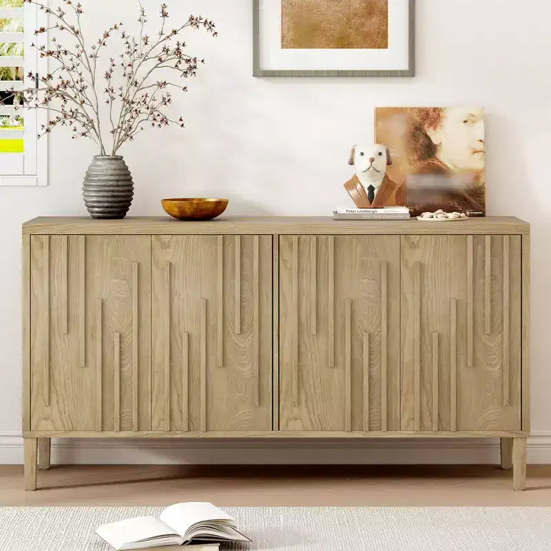 55 Inch 3-Door Dining Storage Sideboard, Contemporary Black Sideboard with Ash Veneer & Hidden Handles