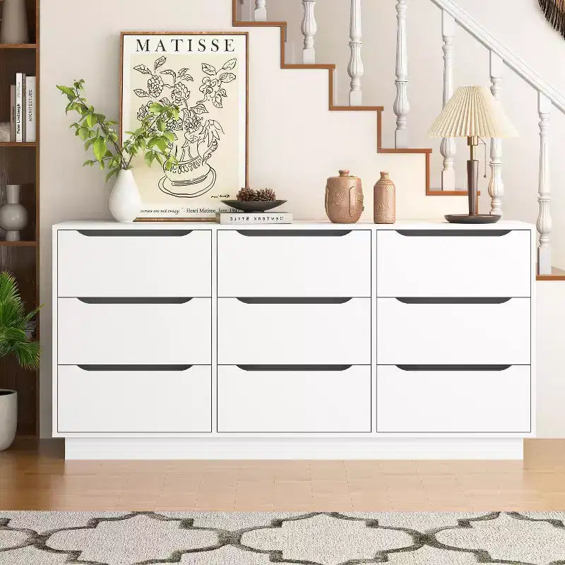 9 Drawer Dresser for Bedroom with Deep Drawers, Large Floor Wood Dressers & Chest of Drawers , Modern White Long Dressers