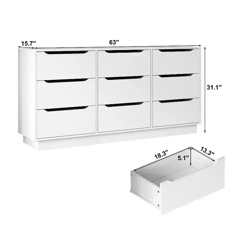 9 Drawer Dresser for Bedroom with Deep Drawers, Large Floor Wood Dressers & Chest of Drawers , Modern White Long Dressers
