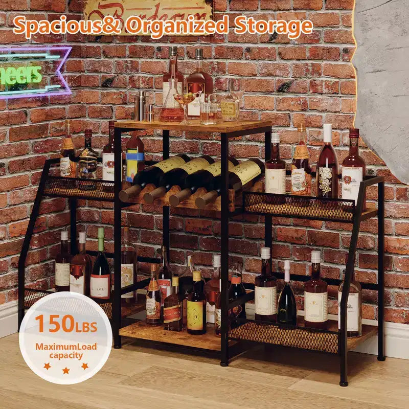 Étagère à vin sur pied à 3 niveaux pour liqueurs, whisky, vins, présentoir à bouteilles de vin polyvalent avec clôtures, marron vintage