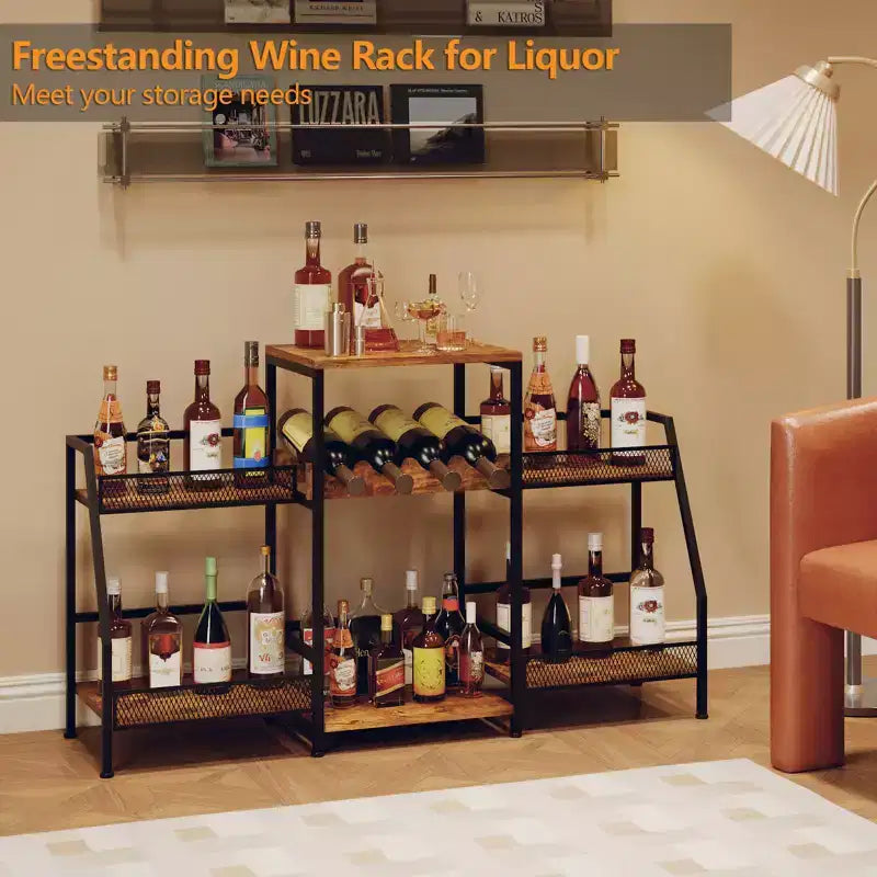 Étagère à vin sur pied à 3 niveaux pour liqueurs, whisky, vins, présentoir à bouteilles de vin polyvalent avec clôtures, marron vintage