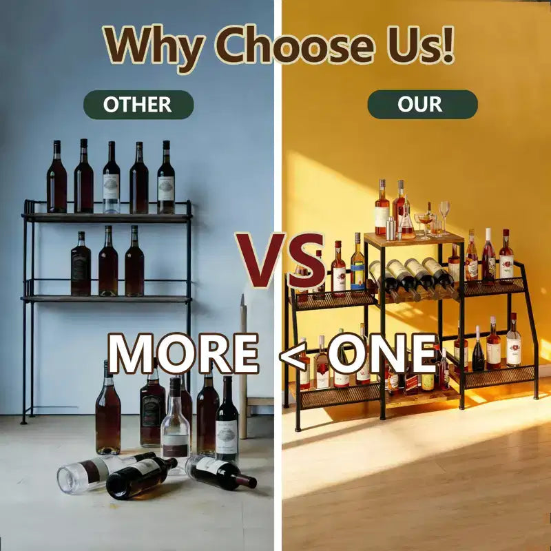 Étagère à vin sur pied à 3 niveaux pour liqueurs, whisky, vins, présentoir à bouteilles de vin polyvalent avec clôtures, marron vintage