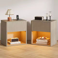 Fluted Night Stand with Charging Station & LED Lights,Modern Nightstand Set 2,Mid Century Night Stand with Drawers