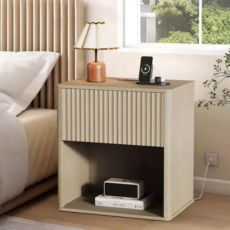 Fluted Night Stand with Charging Station & LED Lights,Modern Nightstand Set 2,Mid Century Night Stand with Drawers