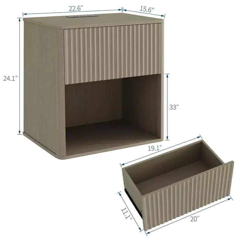 Fluted Night Stand with Charging Station & LED Lights,Modern Nightstand Set 2,Mid Century Night Stand with Drawers