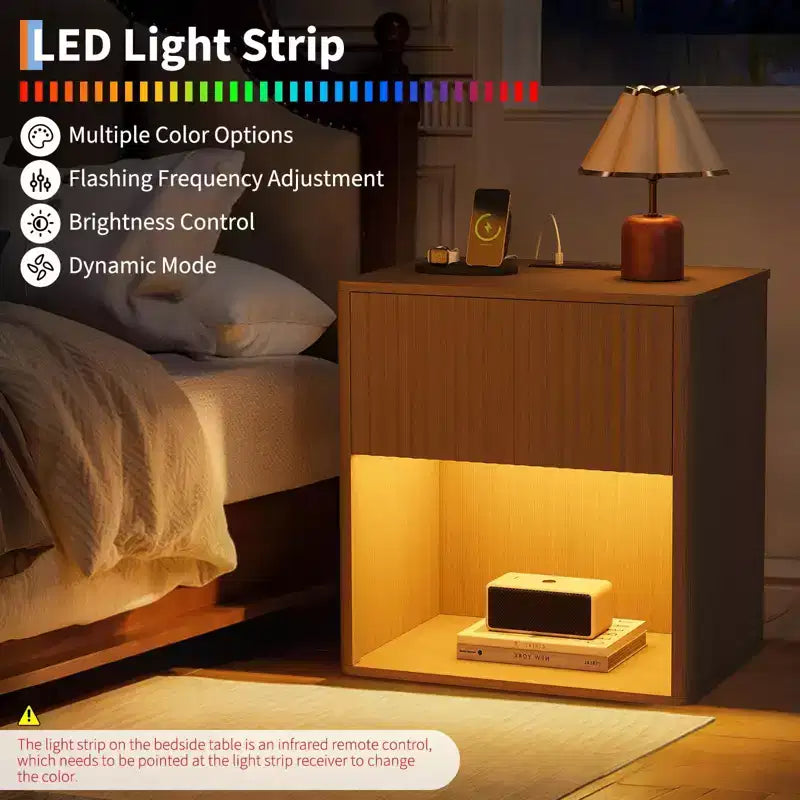 Fluted Night Stand with Charging Station & LED Lights,Modern Nightstand Set 2,Mid Century Night Stand with Drawers