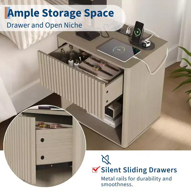 Fluted Night Stand with Charging Station & LED Lights,Modern Nightstand Set 2,Mid Century Night Stand with Drawers