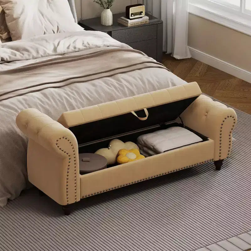 Okak 64.5 End of Bed Storage Bench with Nails Tufted, Entryway Bench with Velvet Cushions, Storage Ottoman for Living Room