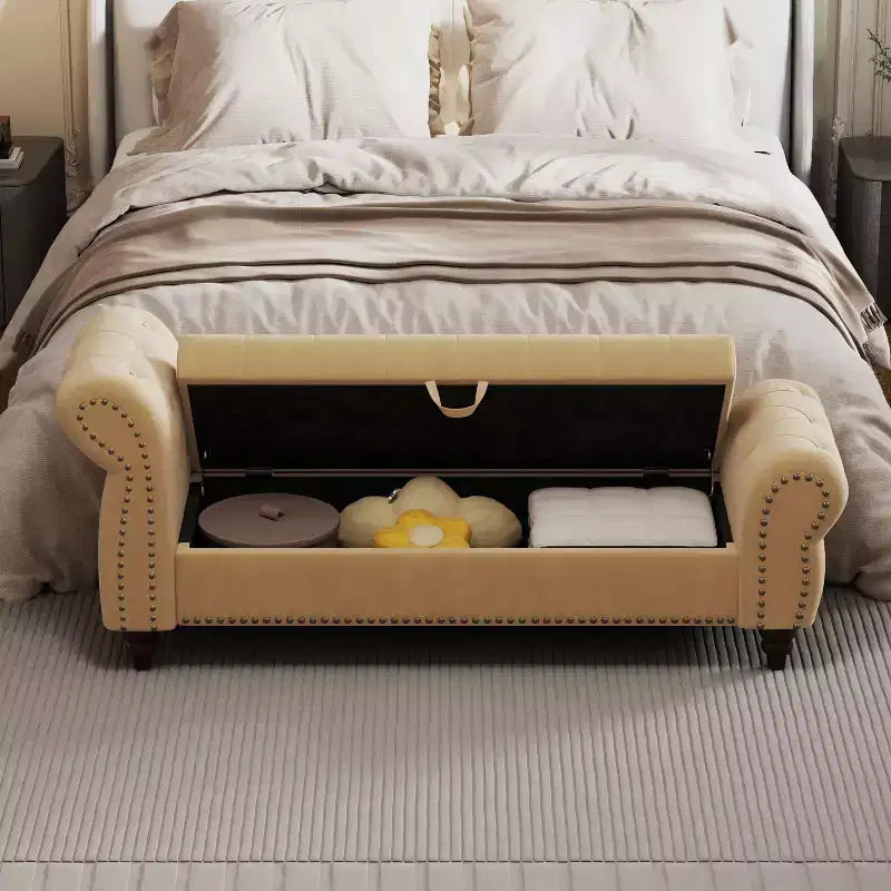 Okak 64.5 End of Bed Storage Bench with Nails Tufted, Entryway Bench with Velvet Cushions, Storage Ottoman for Living Room