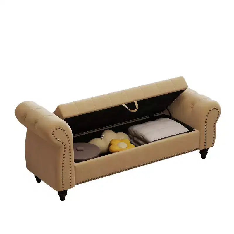 Okak 64.5 End of Bed Storage Bench with Nails Tufted, Entryway Bench with Velvet Cushions, Storage Ottoman for Living Room