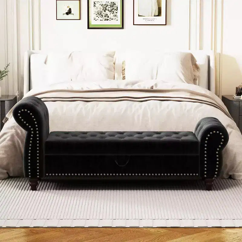 Okak 64.5 End of Bed Storage Bench with Nails Tufted, Entryway Bench with Velvet Cushions, Storage Ottoman for Living Room