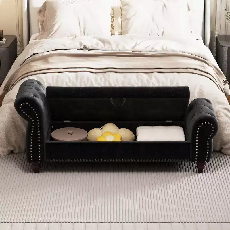 Okak 64.5 End of Bed Storage Bench with Nails Tufted, Entryway Bench with Velvet Cushions, Storage Ottoman for Living Room