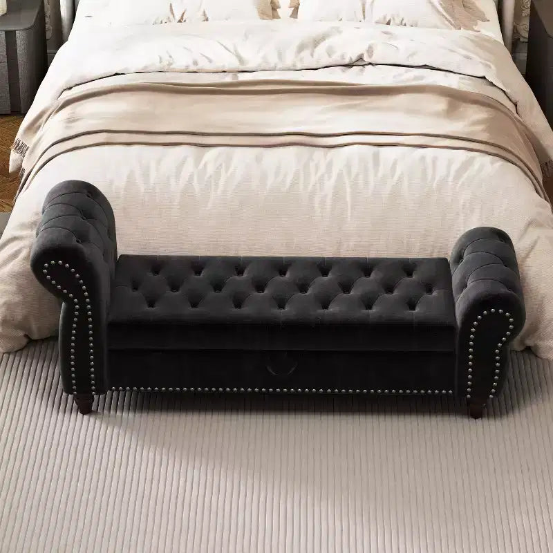 Okak 64.5 End of Bed Storage Bench with Nails Tufted, Entryway Bench with Velvet Cushions, Storage Ottoman for Living Room