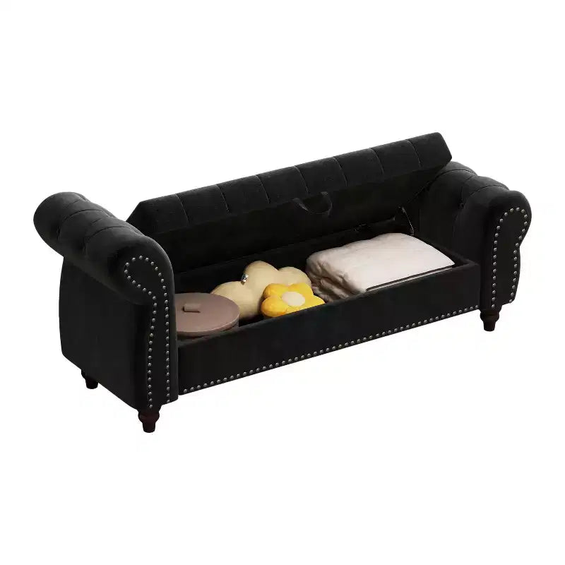 Okak 64.5 End of Bed Storage Bench with Nails Tufted, Entryway Bench with Velvet Cushions, Storage Ottoman for Living Room