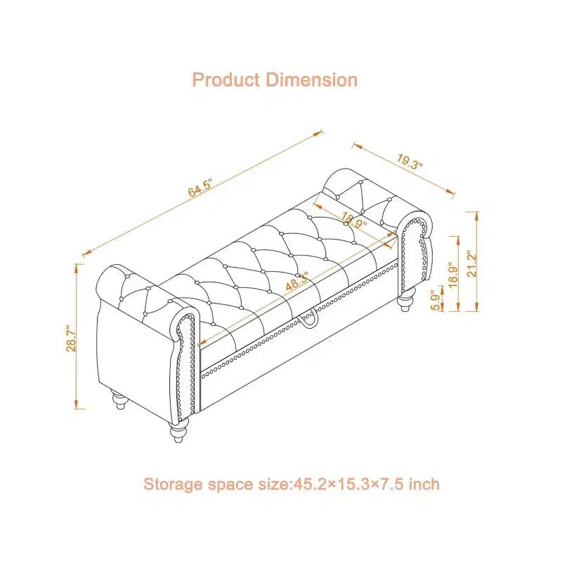 Okak 64.5 End of Bed Storage Bench with Nails Tufted, Entryway Bench with Velvet Cushions, Storage Ottoman for Living Room