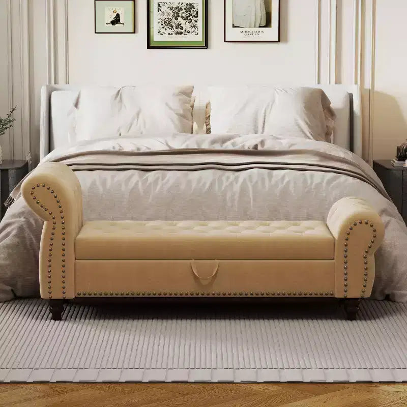 Okak 64.5 End of Bed Storage Bench with Nails Tufted, Entryway Bench with Velvet Cushions, Storage Ottoman for Living Room