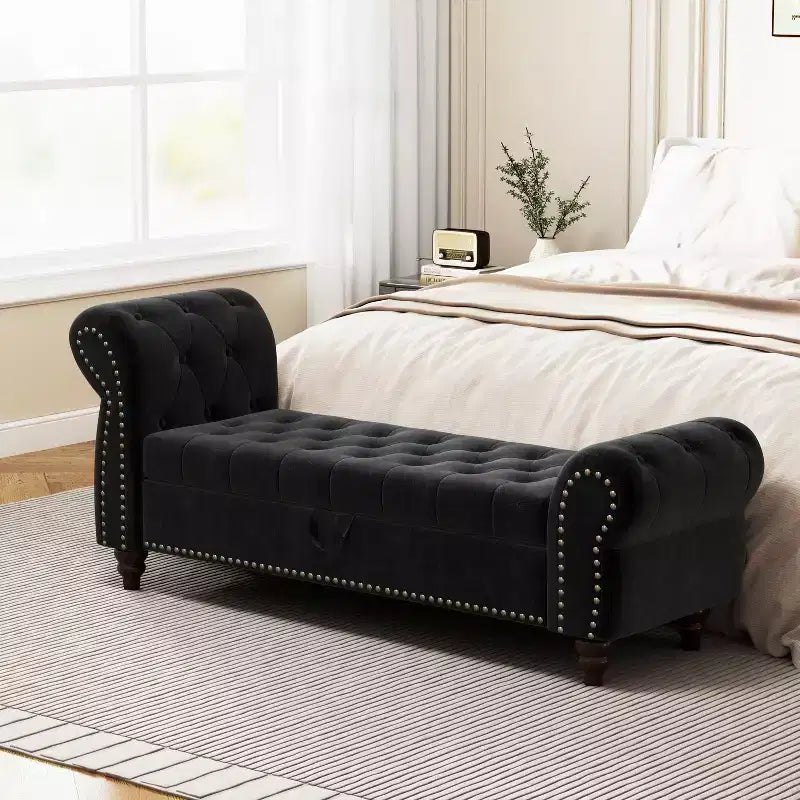 Okak 64.5 End of Bed Storage Bench with Nails Tufted, Entryway Bench with Velvet Cushions, Storage Ottoman for Living Room