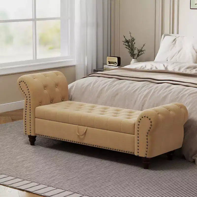 Okak 64.5 End of Bed Storage Bench with Nails Tufted, Entryway Bench with Velvet Cushions, Storage Ottoman for Living Room