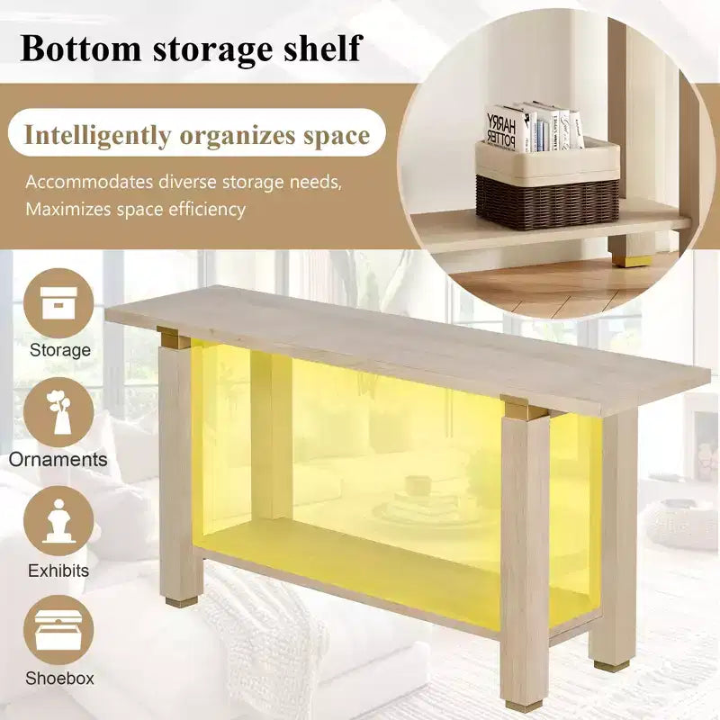 TUYOHW 63 Extra Long Console Table with Solid Pine Legs,Industrial Metal Trim,Entryway Table with Storage Shelf for Hallway,Living Room,Foyer