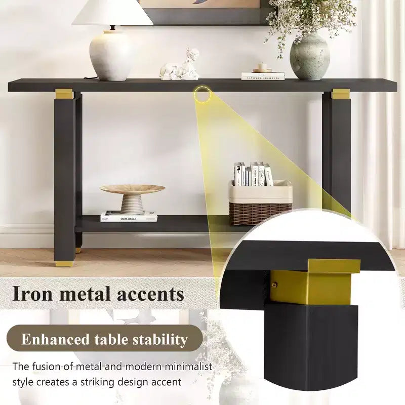 TUYOHW 63 Extra Long Console Table with Solid Pine Legs,Industrial Metal Trim,Entryway Table with Storage Shelf for Hallway,Living Room,Foyer