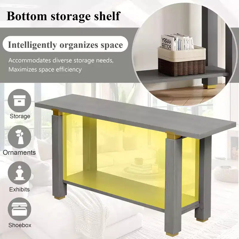 TUYOHW 63 Extra Long Console Table with Solid Pine Legs,Industrial Metal Trim,Entryway Table with Storage Shelf for Hallway,Living Room,Foyer