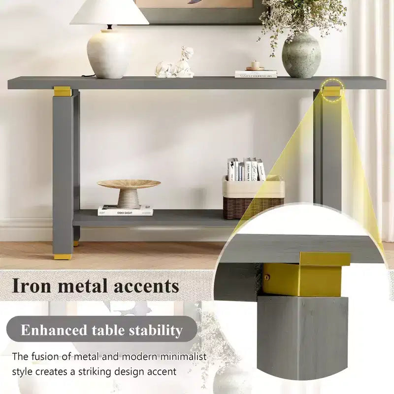 TUYOHW 63 Extra Long Console Table with Solid Pine Legs,Industrial Metal Trim,Entryway Table with Storage Shelf for Hallway,Living Room,Foyer
