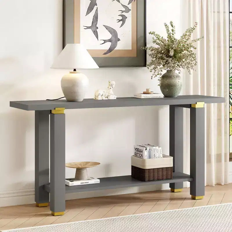 TUYOHW 63 Table Console Extra Longue avec Pieds en Pin Massif, Garniture Métallique Industrielle, Table d'Entrée avec Étagère de Rangement pour Couloir, Salon, Hall d'Entrée