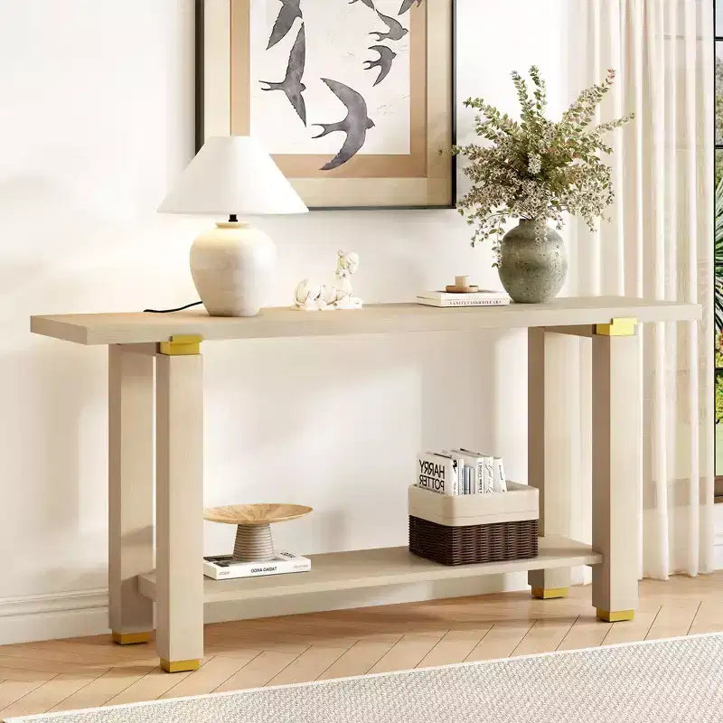 TUYOHW 63 Table Console Extra Longue avec Pieds en Pin Massif, Garniture Métallique Industrielle, Table d'Entrée avec Étagère de Rangement pour Couloir, Salon, Hall d'Entrée