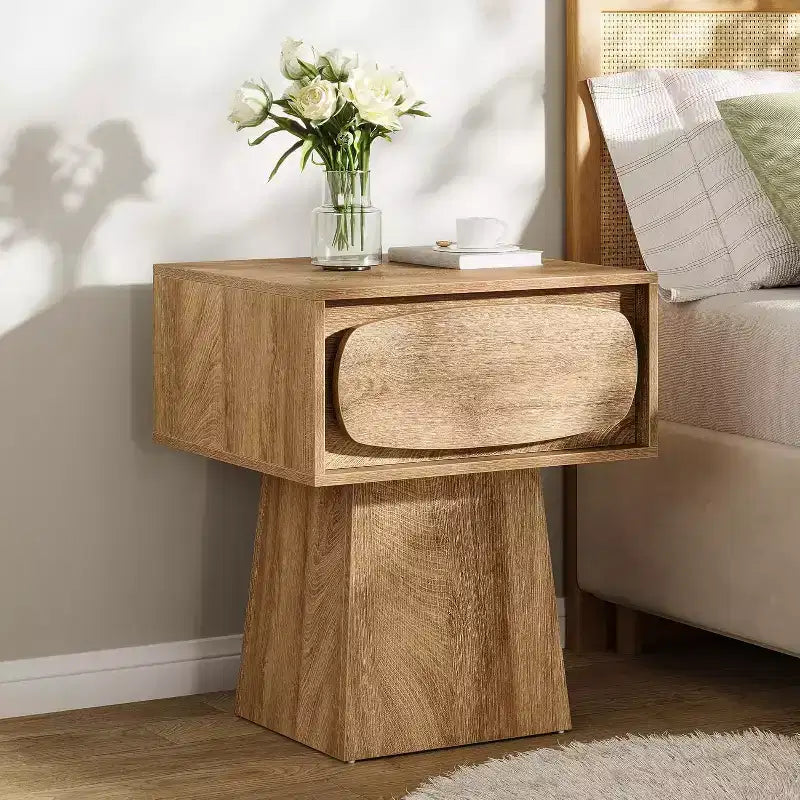 Lantine Nightstand with Drawer Storage, Mid Century Modern Bedside Table for Bedroom and Hallway, Natural Wood Grain Print, 21.6 Inch Small Dresser