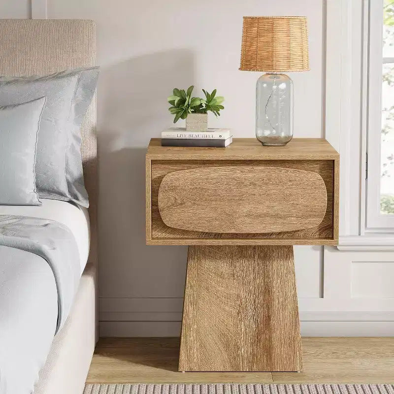 Lantine Nightstand with Drawer Storage, Mid Century Modern Bedside Table for Bedroom and Hallway, Natural Wood Grain Print, 21.6 Inch Small Dresser