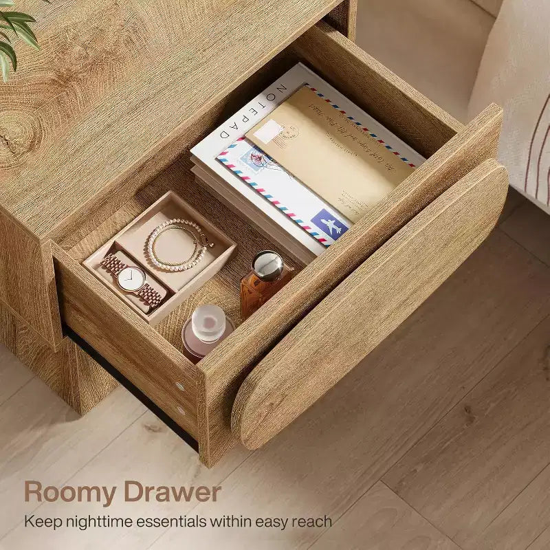 Lantine Nightstand with Drawer Storage, Mid Century Modern Bedside Table for Bedroom and Hallway, Natural Wood Grain Print, 21.6 Inch Small Dresser