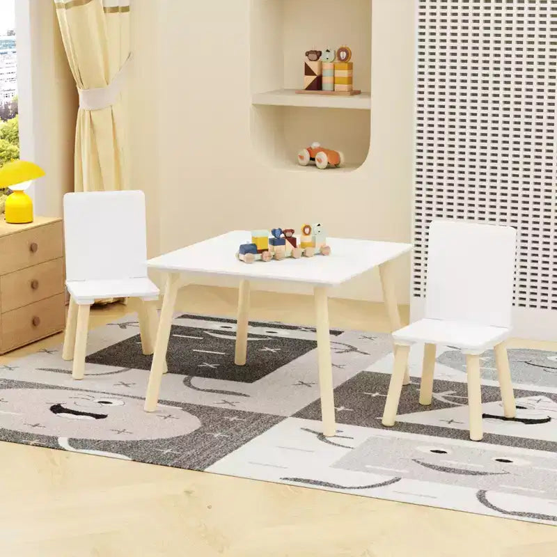 Kids Table and 2 Chairs Set, 3 Pieces Toddler Table and Chair Set, Wooden Activity Play Table Set (White)