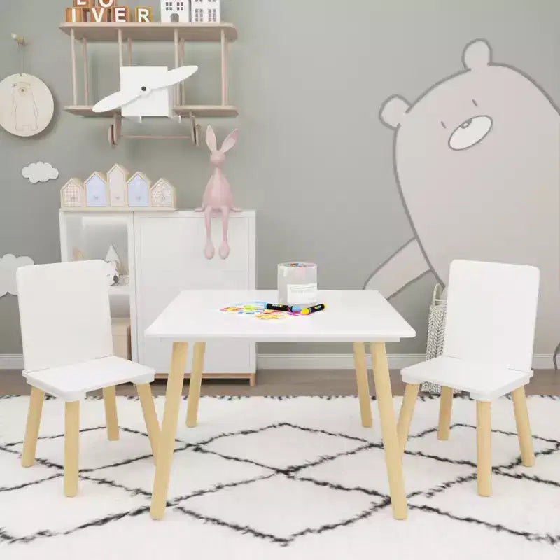 Kids Table and 2 Chairs Set, 3 Pieces Toddler Table and Chair Set, Wooden Activity Play Table Set (White)