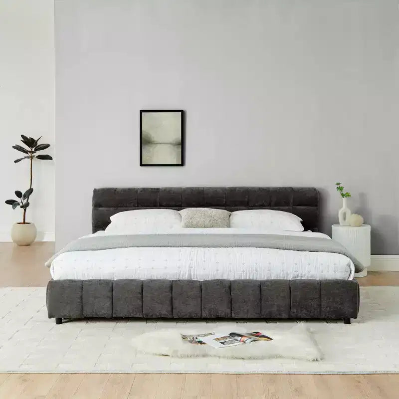 MAYEERTY King Size Upholstered Bed with Headboard Solid Bed Frame Drawer for Bedroom Dark Gray