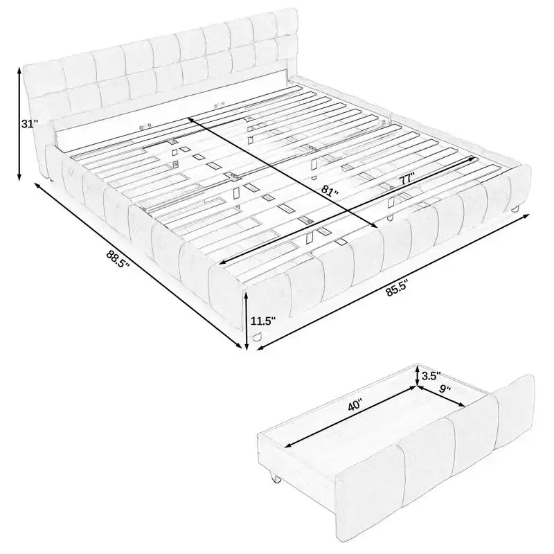 MAYEERTY King Size Upholstered Bed with Headboard Solid Bed Frame Drawer for Bedroom Dark Gray