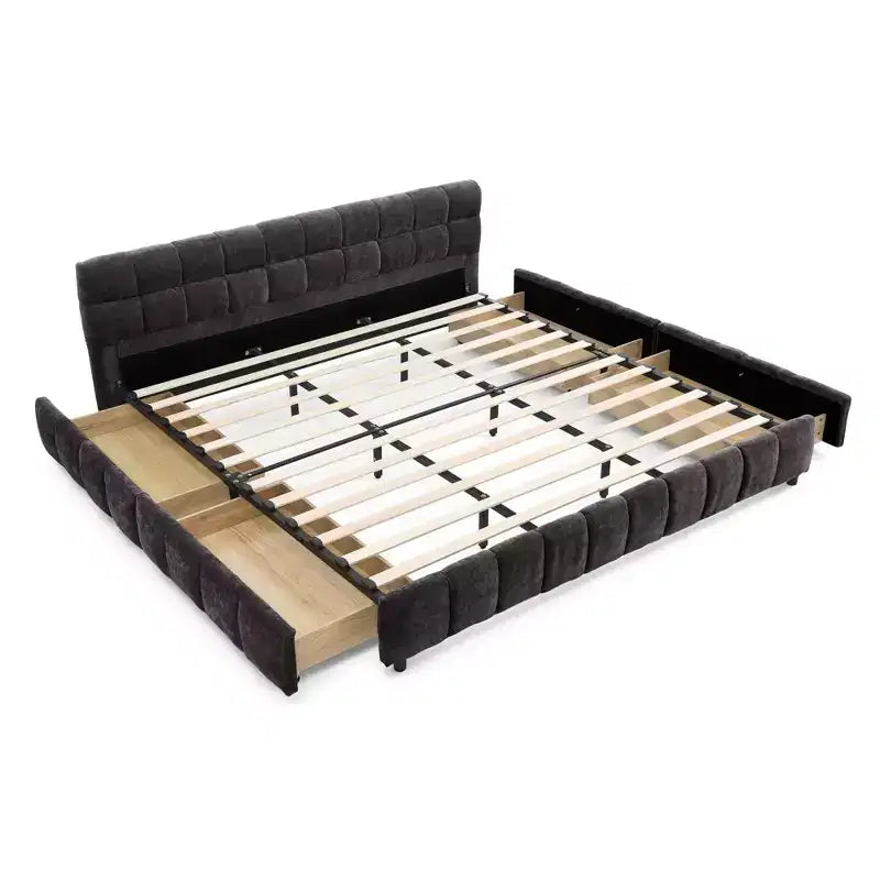 MAYEERTY King Size Upholstered Bed with Headboard Solid Bed Frame Drawer for Bedroom Dark Gray