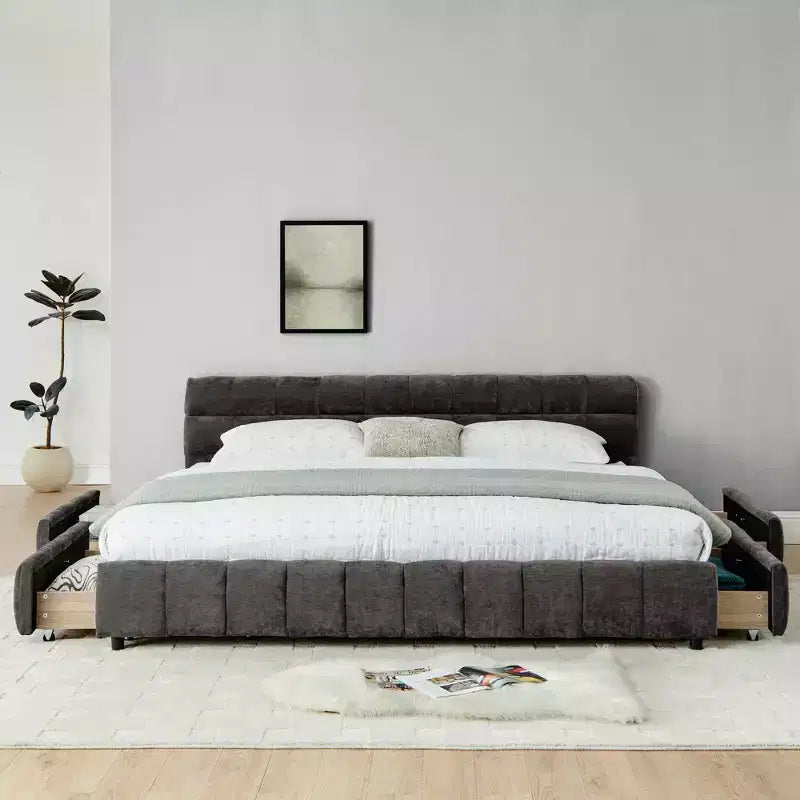 MAYEERTY King Size Upholstered Bed with Headboard Solid Bed Frame Drawer for Bedroom Dark Gray