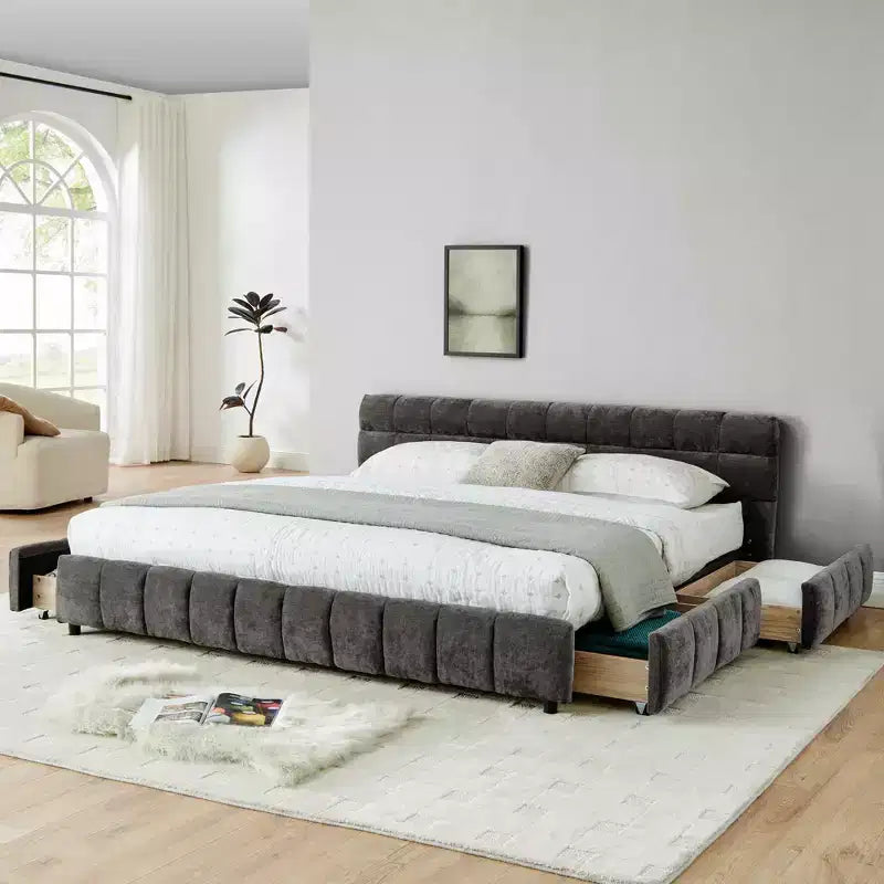 MAYEERTY King Size Upholstered Bed with Headboard Solid Bed Frame Drawer for Bedroom Dark Gray