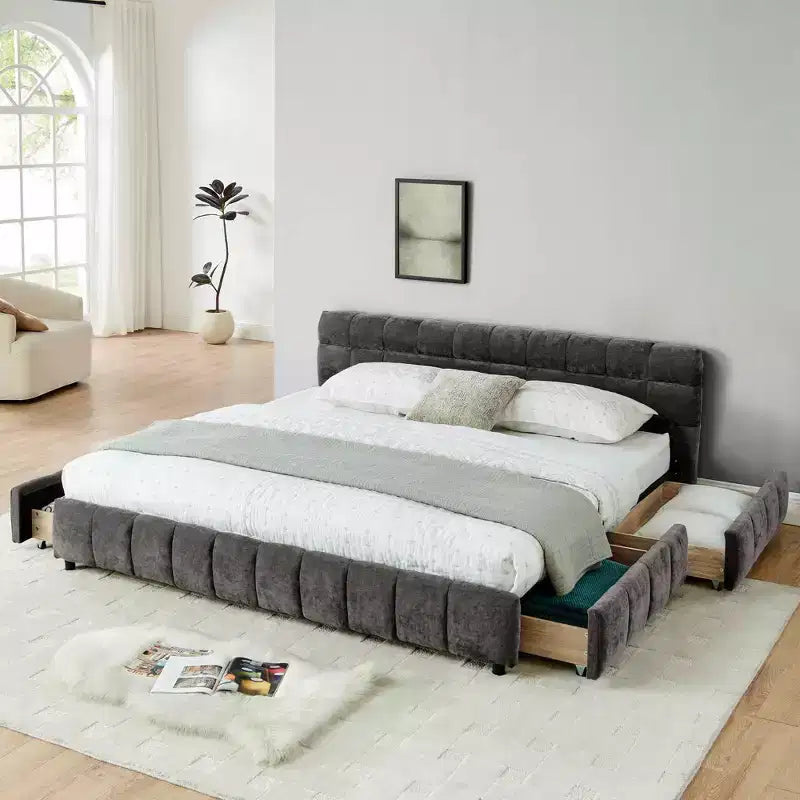 MAYEERTY King Size Upholstered Bed with Headboard Solid Bed Frame Drawer for Bedroom Dark Gray