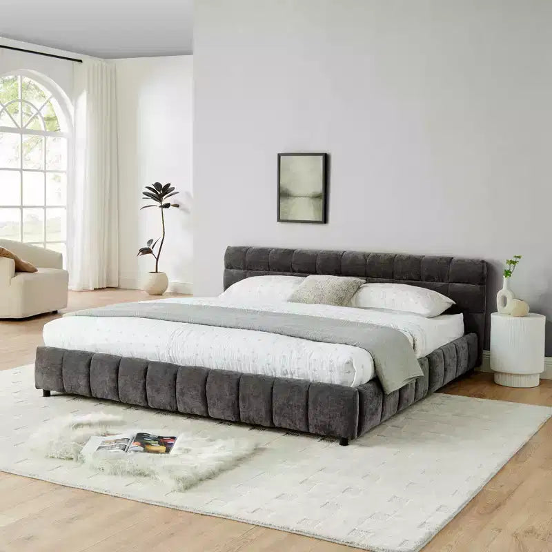 MAYEERTY King Size Upholstered Bed with Headboard Solid Bed Frame Drawer for Bedroom Dark Gray