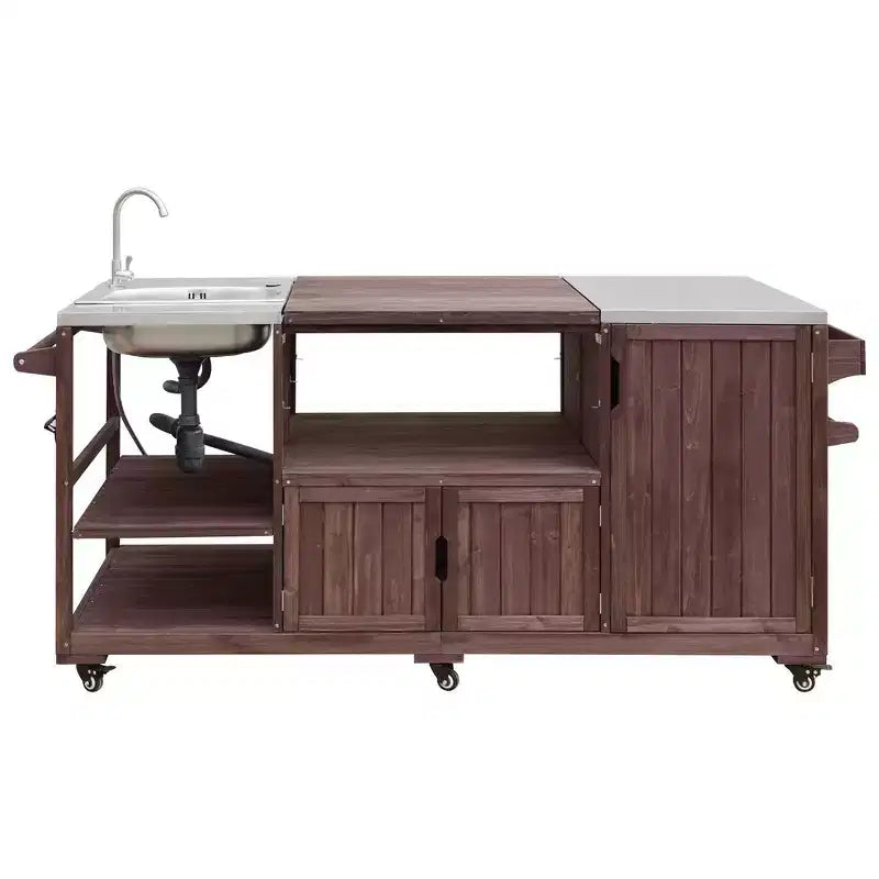 Whisen 75.4 Outdoor Kitchen Island, Solid Wood Grill Cart, Rolling Outdoor Bar Cart with Sink, Egg Grills, Stainless Steel Top