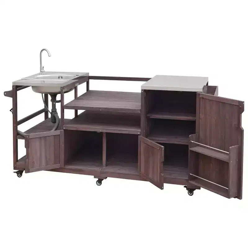 Whisen 75.4 Outdoor Kitchen Island, Solid Wood Grill Cart, Rolling Outdoor Bar Cart with Sink, Egg Grills, Stainless Steel Top