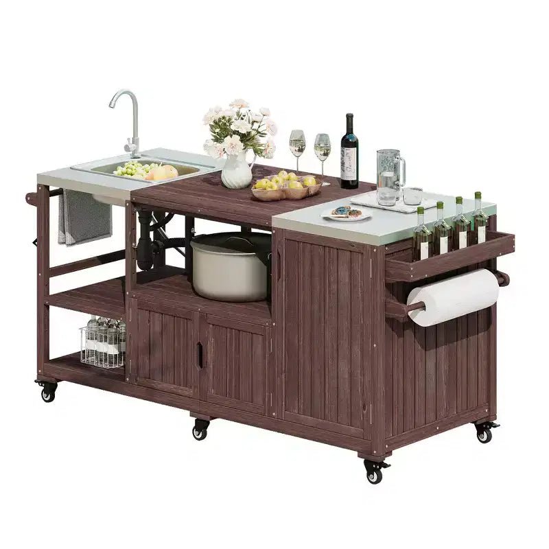 Whisen 75.4 Outdoor Kitchen Island, Solid Wood Grill Cart, Rolling Outdoor Bar Cart with Sink, Egg Grills, Stainless Steel Top