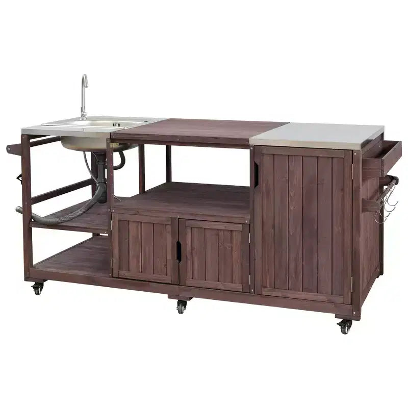 Whisen 75.4 Outdoor Kitchen Island, Solid Wood Grill Cart, Rolling Outdoor Bar Cart with Sink, Egg Grills, Stainless Steel Top